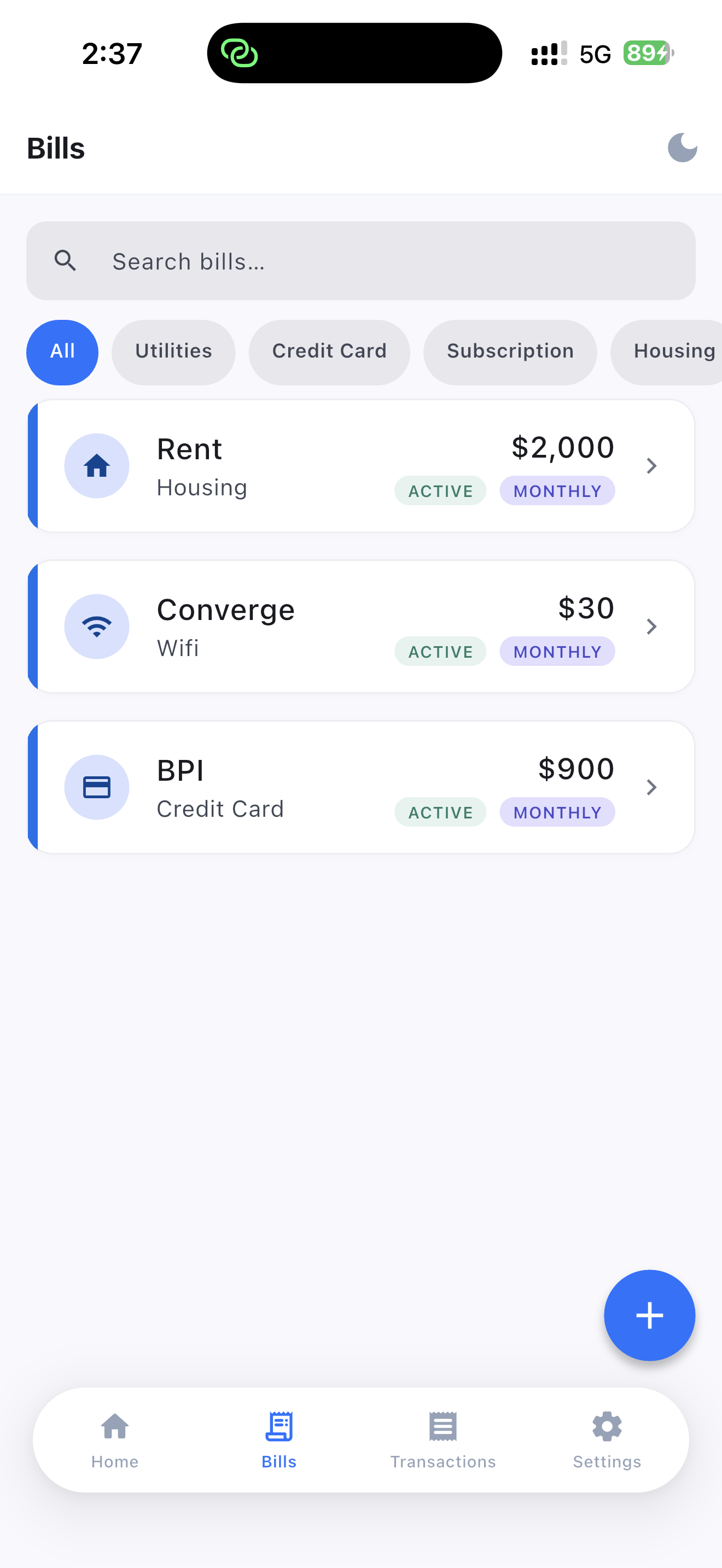 Bills list screen